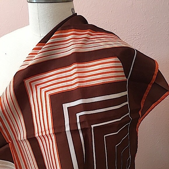 VTG 60 70 Jim Renoir Geometric Print Brown Burnt Orange Large Square scarf - Picture 10 of 16